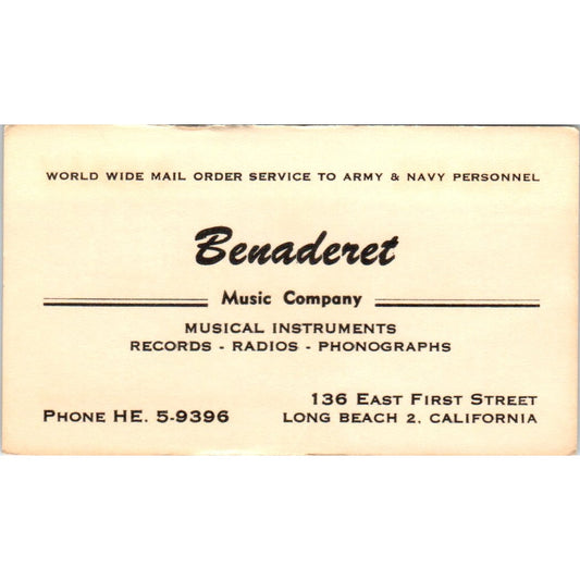 Benaderet Music Company Long Beach CA Vintage Business Card SD8-B20