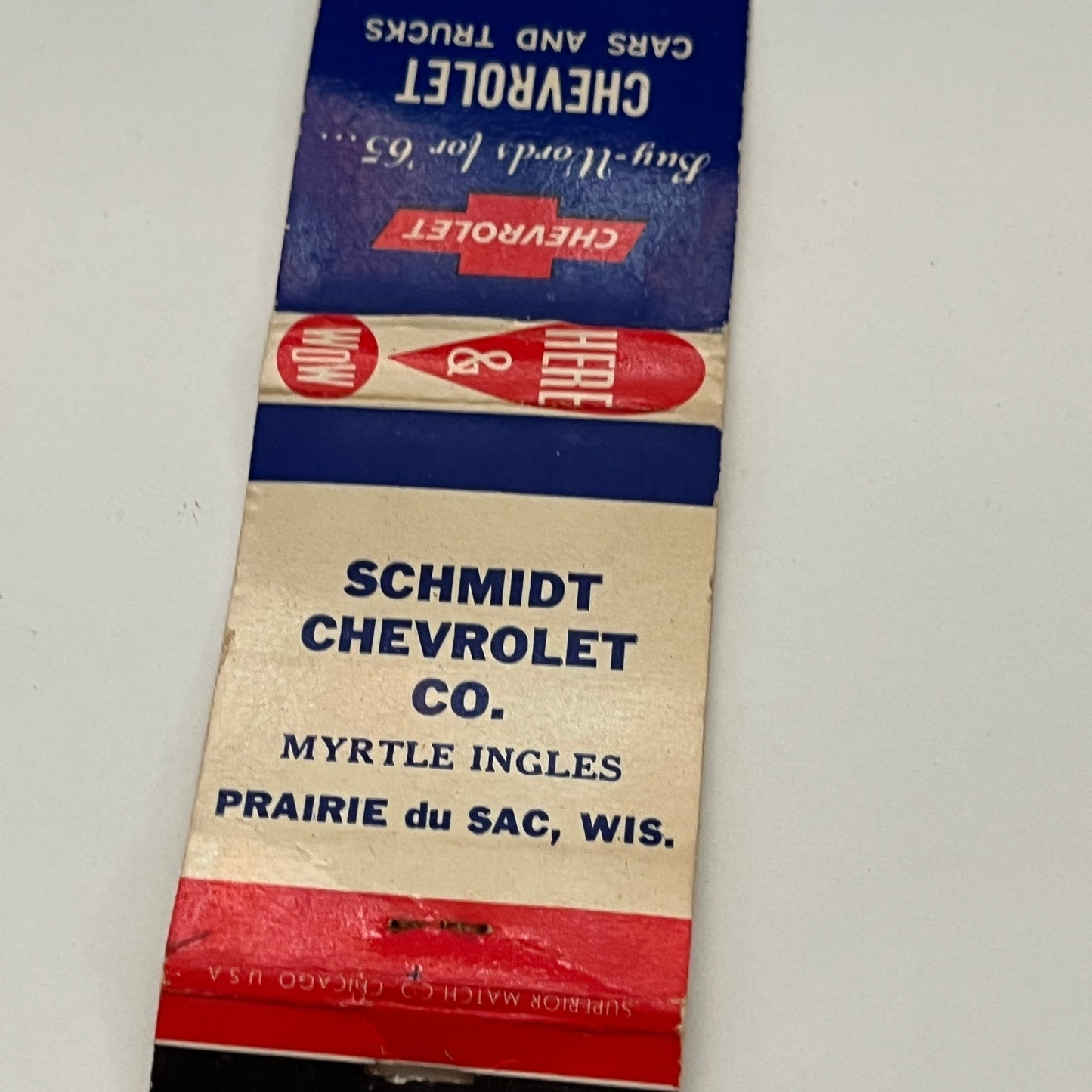 Schmidt Chevrolet Myrtle Ingles Prairie Du Sac WI Vintage Matchbook TB6-MB2-14