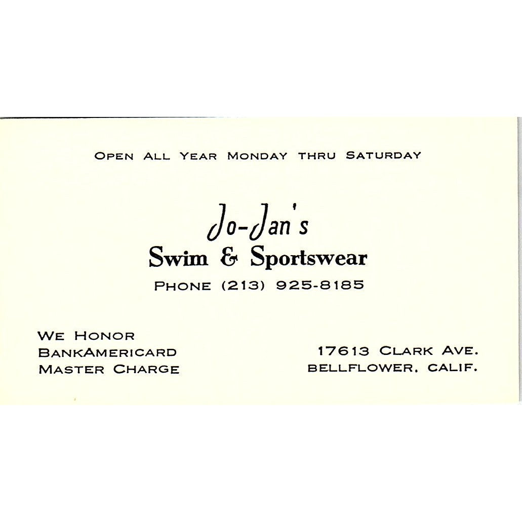 Jo-Jan's Swim & Sportswear Bellflower CA Vintage Business Card SE5-B5
