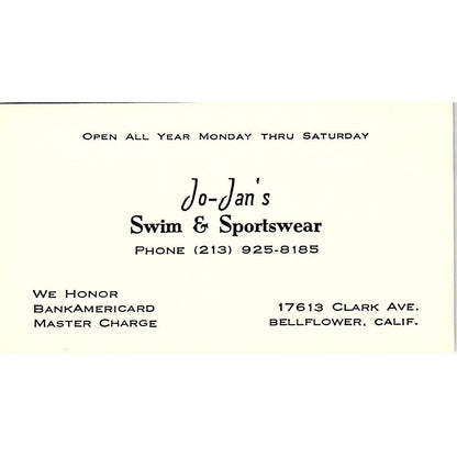 Jo-Jan's Swim & Sportswear Bellflower CA Vintage Business Card SE5-B5
