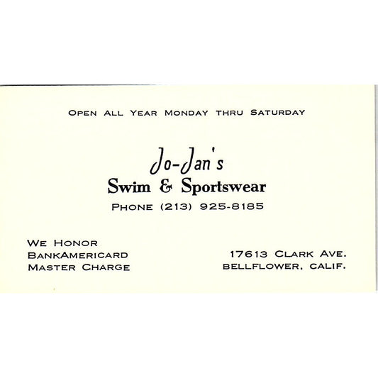 Jo-Jan's Swim & Sportswear Bellflower CA Vintage Business Card SE5-B5