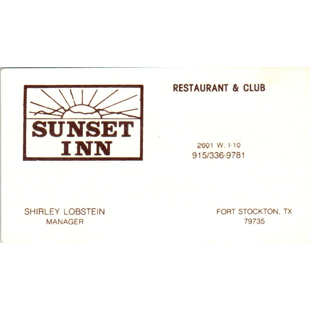 Sunset Inn Shirley Lobstein Fort Stockton TX Vintage Business Card SE3-B1