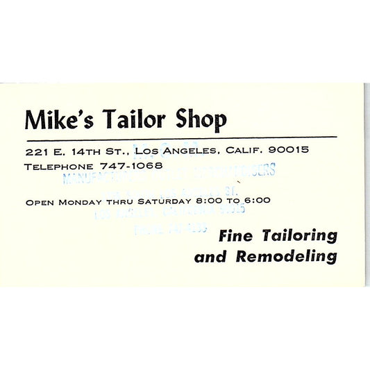 Mike's Tailor Shop Los Angeles CA Vintage Business Card SSB4-B12