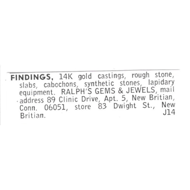 Ralph's Gems and Jewels Findings New Britain Connecticut 1972 Ad AF8-S25