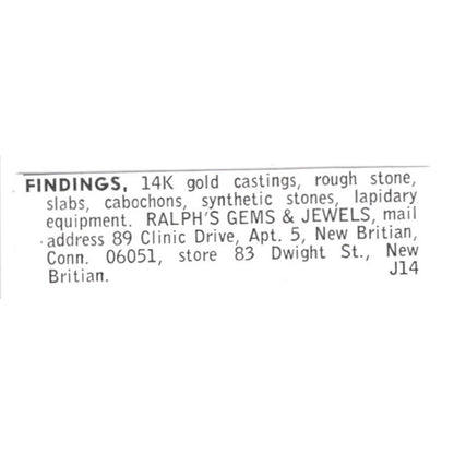 Ralph's Gems and Jewels Findings New Britain Connecticut 1972 Ad AF8-S25