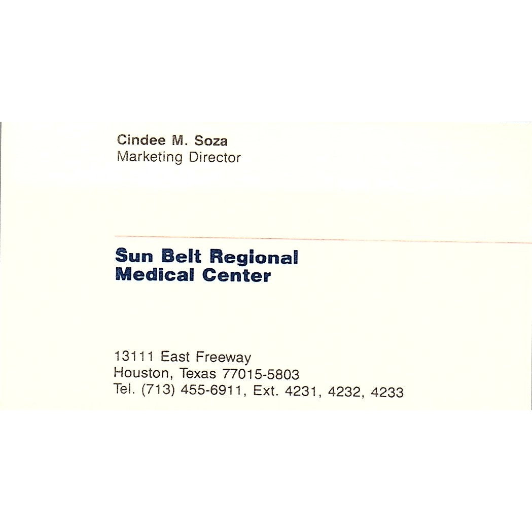 Sunbelt Regional Medical Center Cindee M. Soza Houston TX Business Card SF3-B9