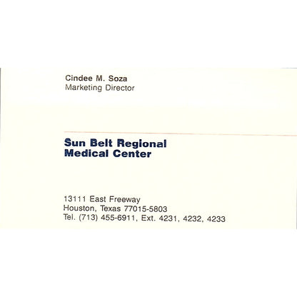 Sunbelt Regional Medical Center Cindee M. Soza Houston TX Business Card SF3-B9