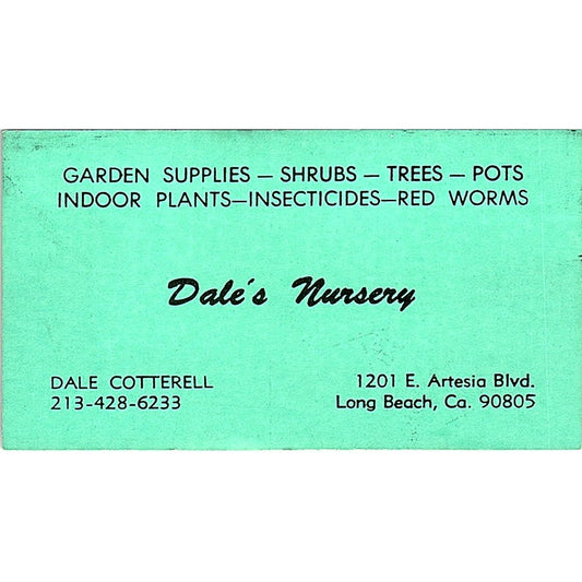 Dale's Nursery, Dale Cotterell, Long Beach, CA Vintage Business Card Sf3-B8