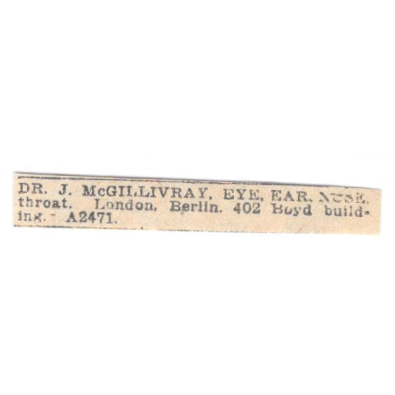 Dr J McGillivray Eye Ear Nose Throat 402 Boyd Bldg Winnipeg 1920 Ad AG2-S10