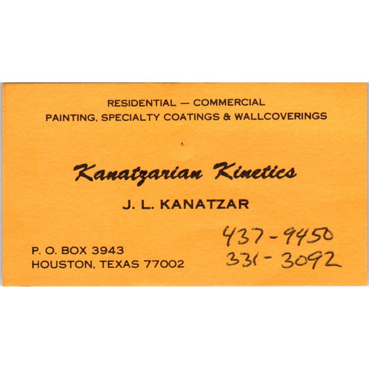 Kanatzarian Kinetics J.L. Kanatzar Houston TX Vintage Business Card SD8-B14