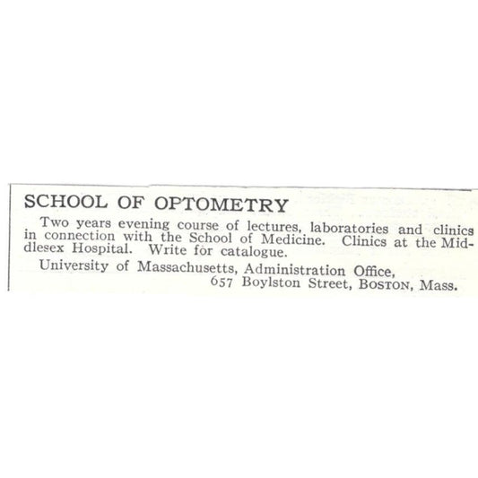 School of Optometry University of Massachusetts c1918 Advertisement AE5-SV1