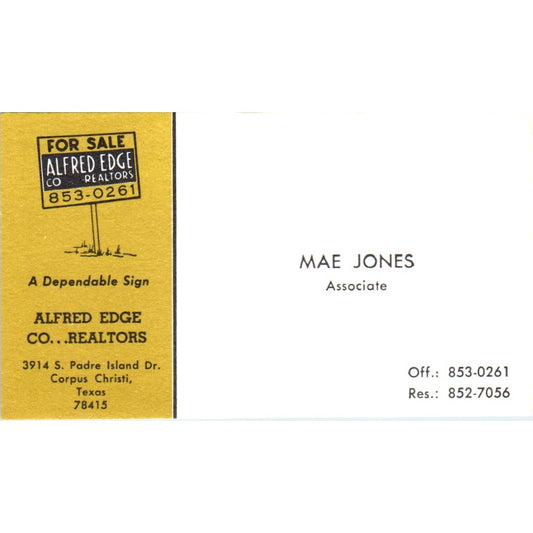 Mae Jones Alfred Edge Co Realtors Corpus Christi TX Vintage Business Card SD8-B1
