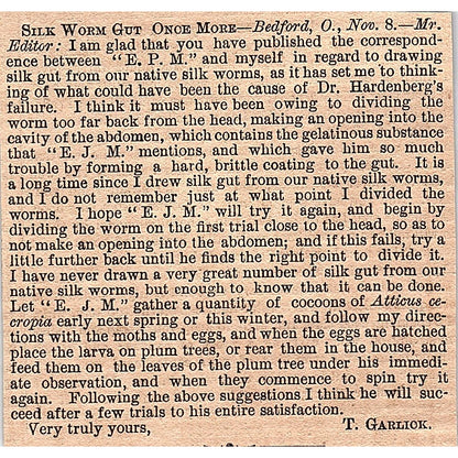 Silk Worm Gut - T. Garlick, Bedford Ohio 1878 Article AG2-H3