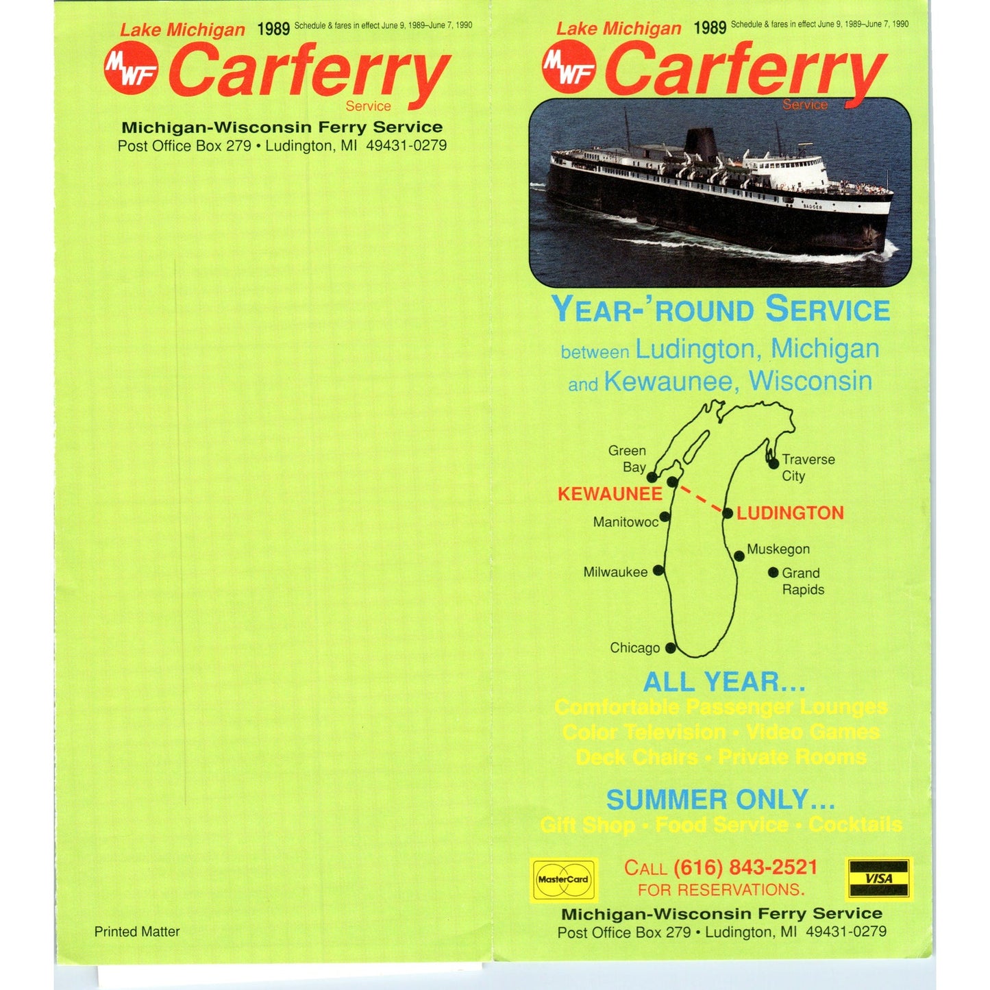 1989 Ludington MI, Kewaunee WI Carferry Ferry Service Travel Brochure TF4-B2