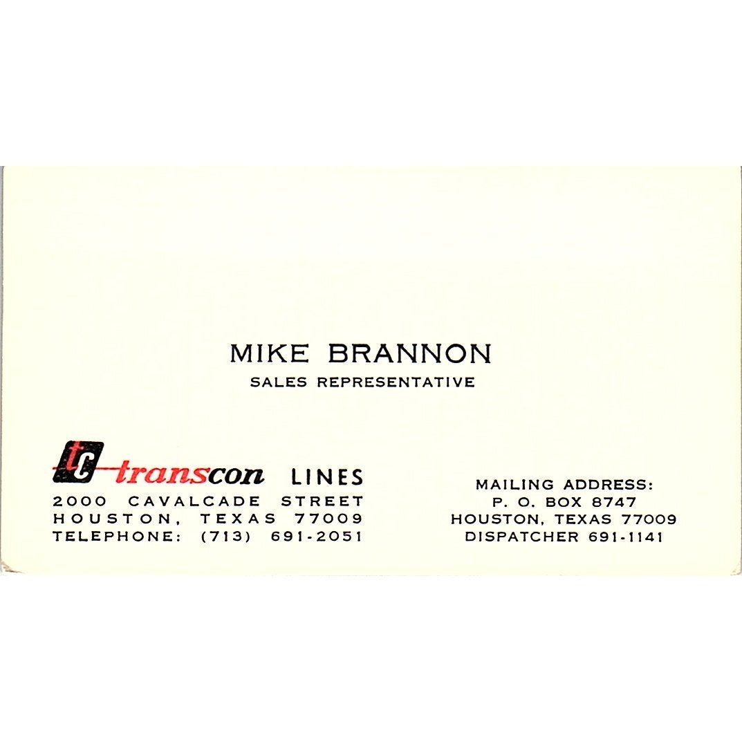 Transcon Lines Mike Brannon Houston Texas Vintage Business Card SB4-B5