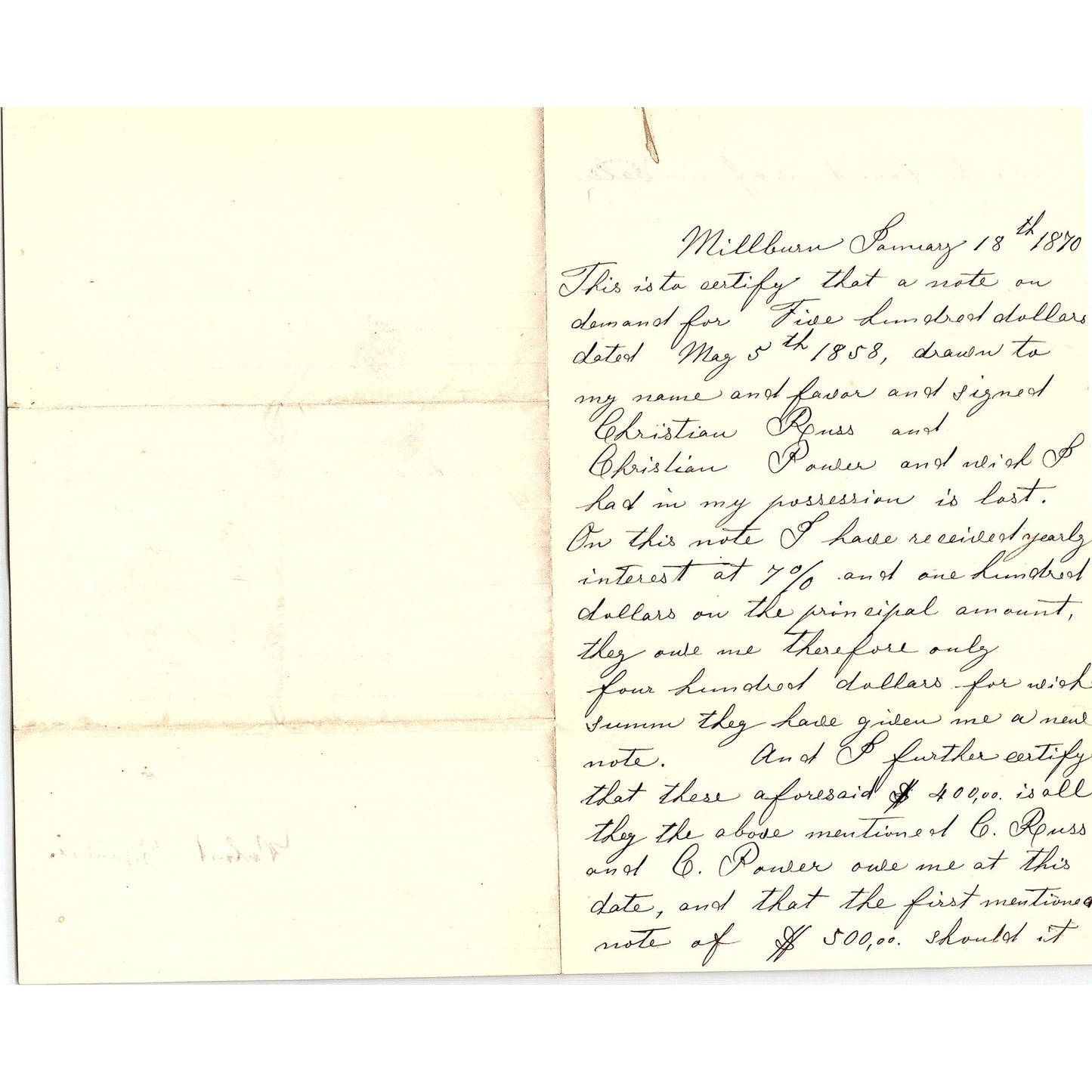 1870 Handwritten Letter Millburn NJ Christian Russ, Christian Pouser AF4-2