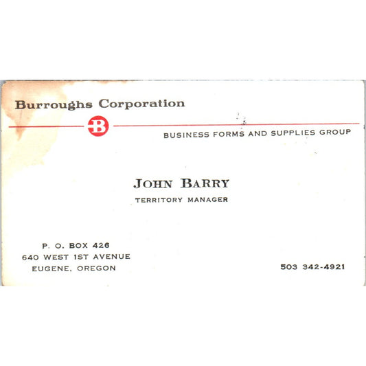John Barry Burroughs Corporation Eugene OR Vintage Business Card SE3-B3