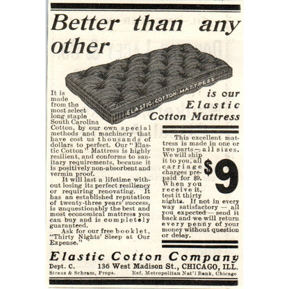Elastic Cotton Mattress Co Straus & Schram Chicago c1905 Advertisement AE7-A2