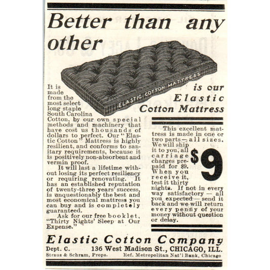 Elastic Cotton Mattress Co Straus & Schram Chicago c1905 Advertisement AE7-A2