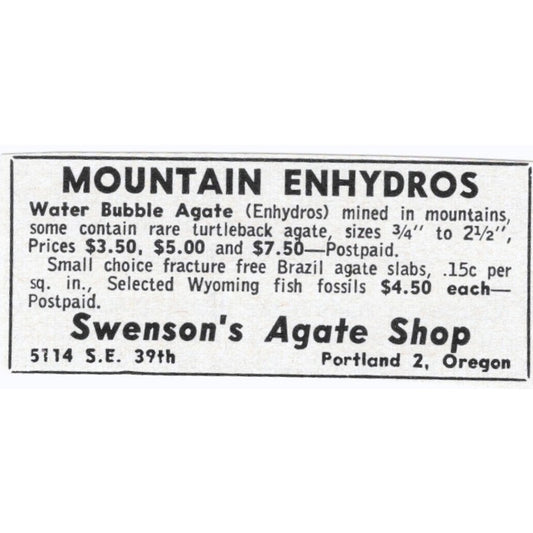 Swenson's Agate Shop Mountain Enhydros Portland OR 1964 Magazine Ad AB6-S8