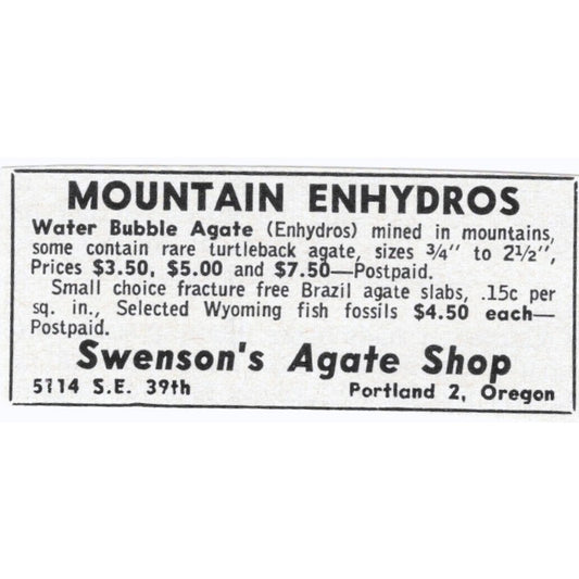Swenson's Agate Shop Mountain Enhydros Portland OR 1964 Magazine Ad AK6-S8