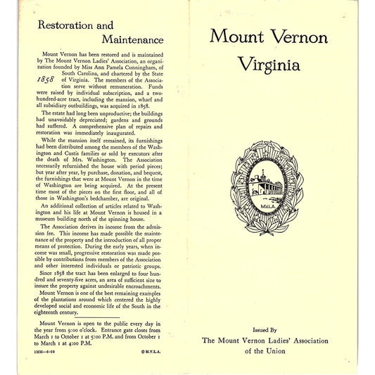 Mount Vernon Virginia MVLA Vintage Travel Brochure TH2-TB5