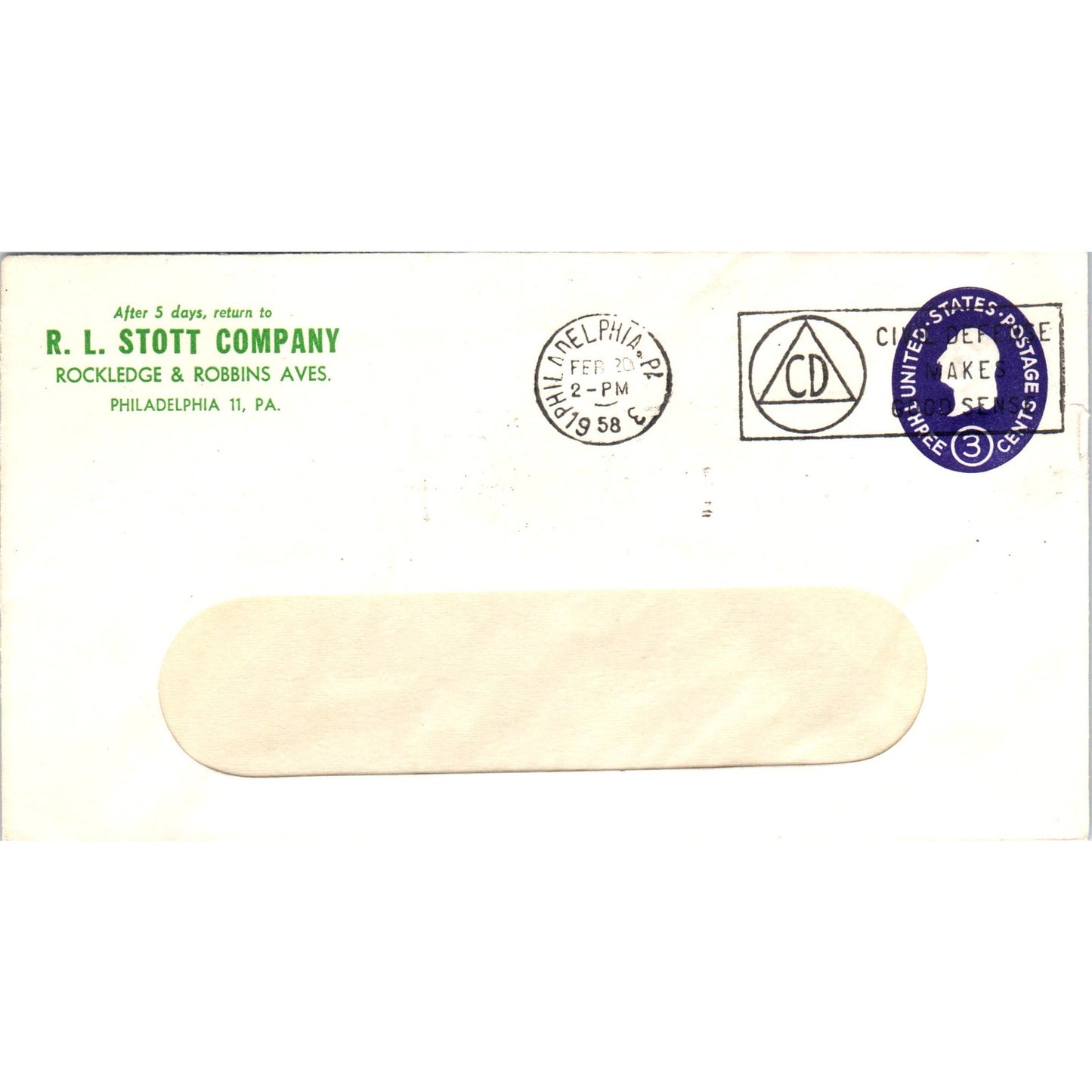 1958 R.L. Stott Company Philadelphia Postal Cover Envelope TG7-PC3