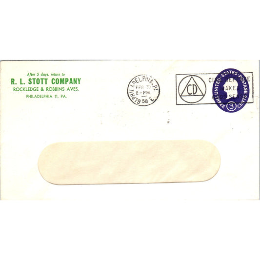 1958 R.L. Stott Company Philadelphia Postal Cover Envelope TG7-PC3