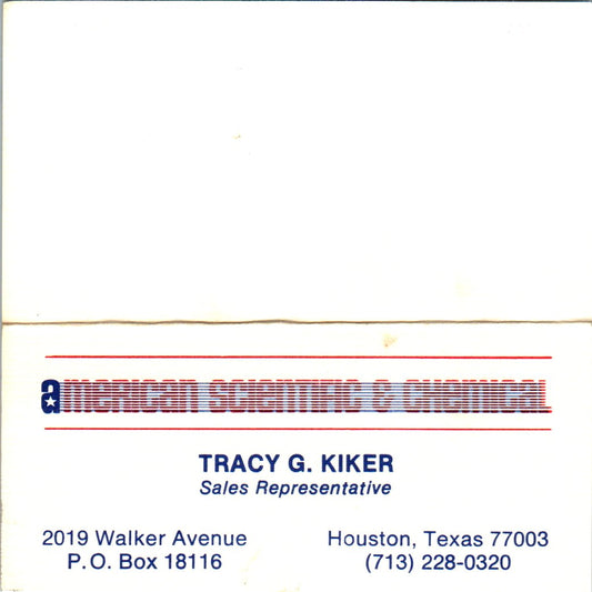 Tracy G Kiker American Scientific & Chemical Houston Vtg Business Card SE3-B10