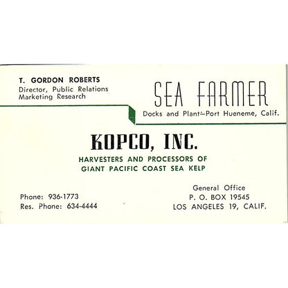 T. Gordon Roberts Sea Farmer Kopco Inc Los Angeles Vintage Business Card SD9-B9