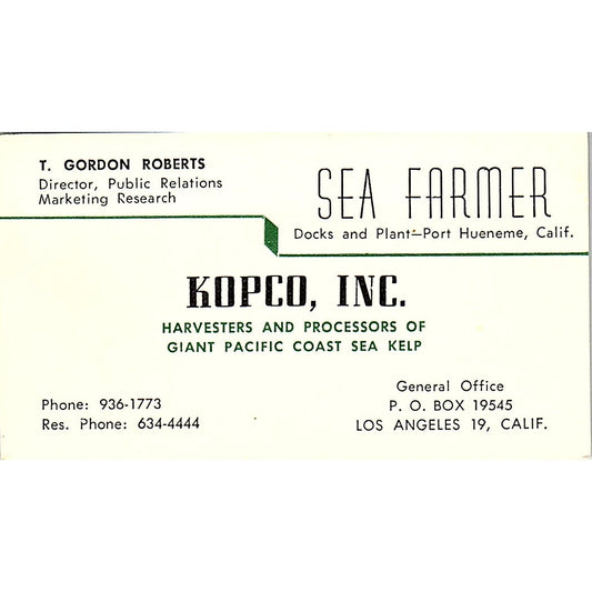 T. Gordon Roberts Sea Farmer Kopco Inc Los Angeles Vintage Business Card SD9-B9