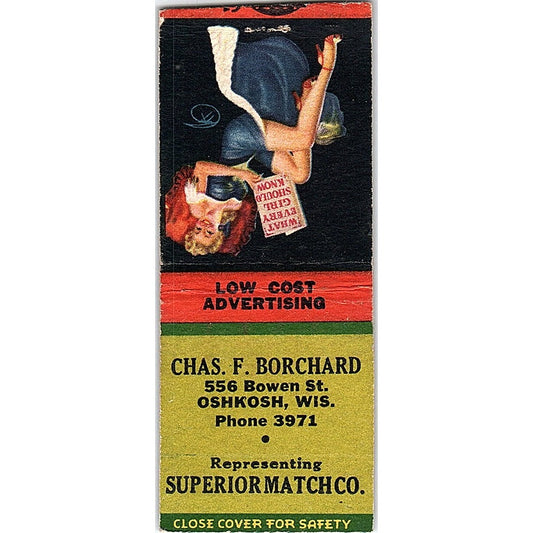 Chas F Borchard Superior Match Co Oshkosh Pinup Vintage Matchbook Cover SC7-Y6