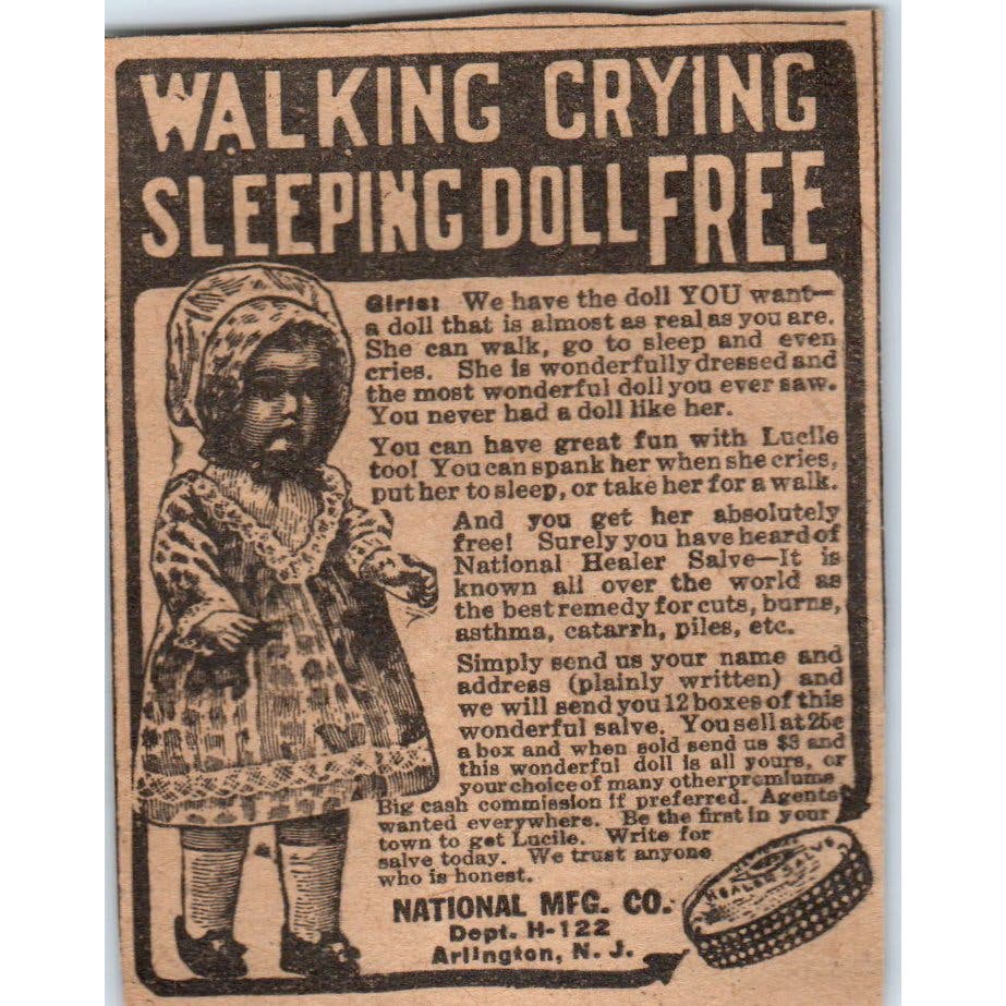 National Mfg Co Walking Crying Sleeping Doll Free Offer 1923 Magazine Ad AE1-5