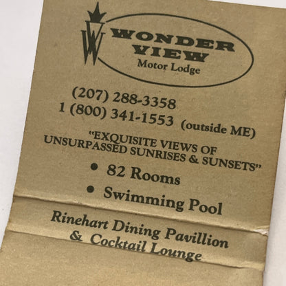 Wonder View Motor Lodge Bar Harbor ME Vintage Matchbook Cover TB8-MB-15