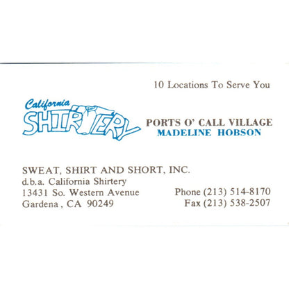 California Shirtery Ports O' Call Village Madeline Hobson Business Card SD8-B19