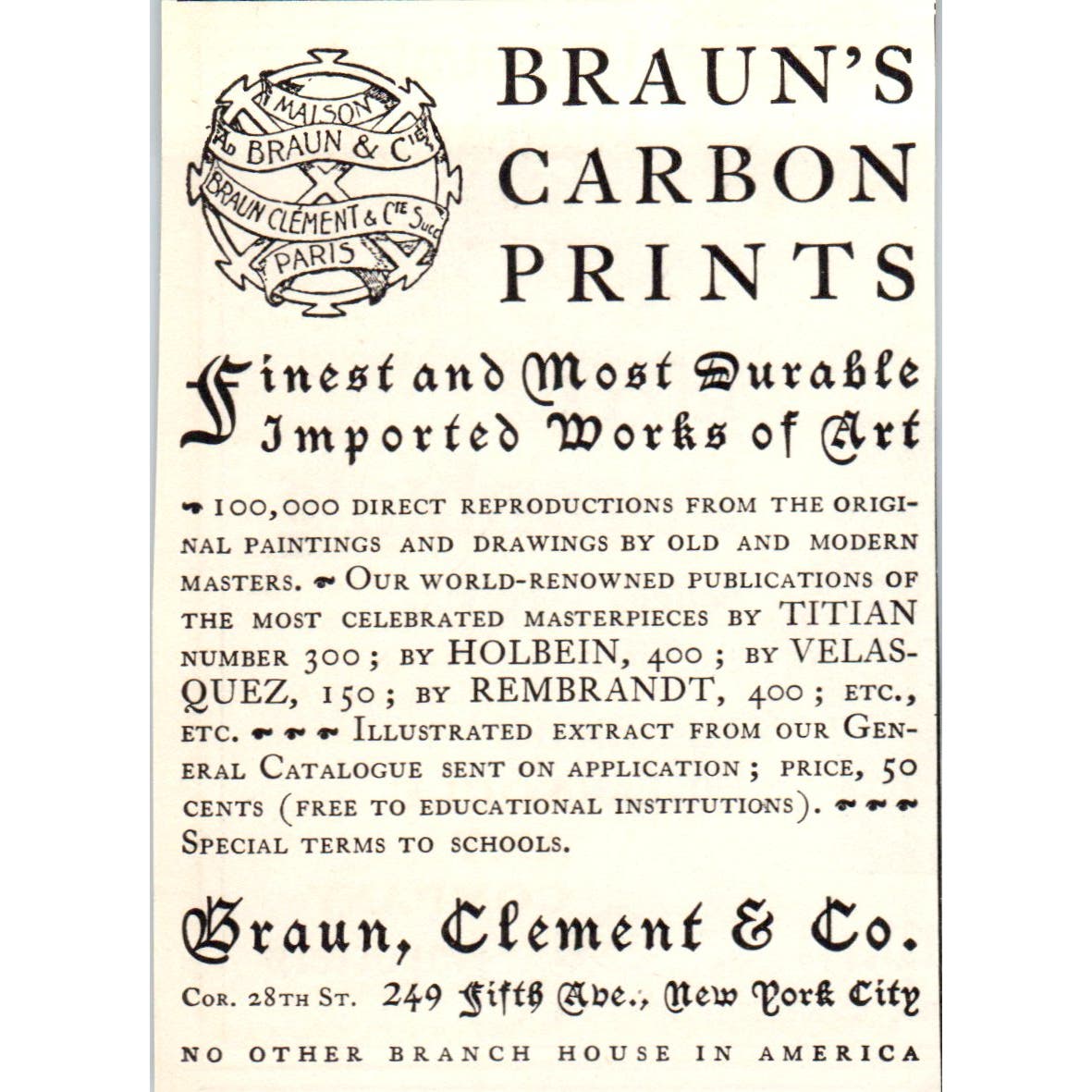 Braun's Carbon Prints Braun Clement & Co NY c1905 Victorian Ad AE9-MA6