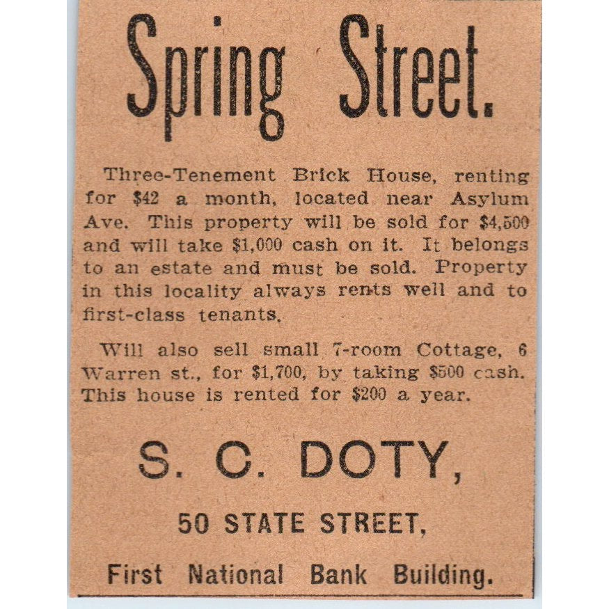 S.C. Doty Real Estate Hartford 1901 Newspaper Ad AD8-HS4