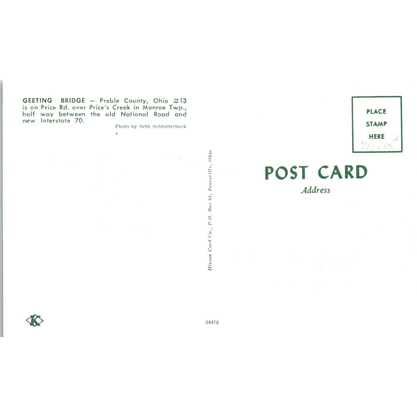 Geeting Bridge Preble County Ohio #13 Covered Bridge Postcard PC6