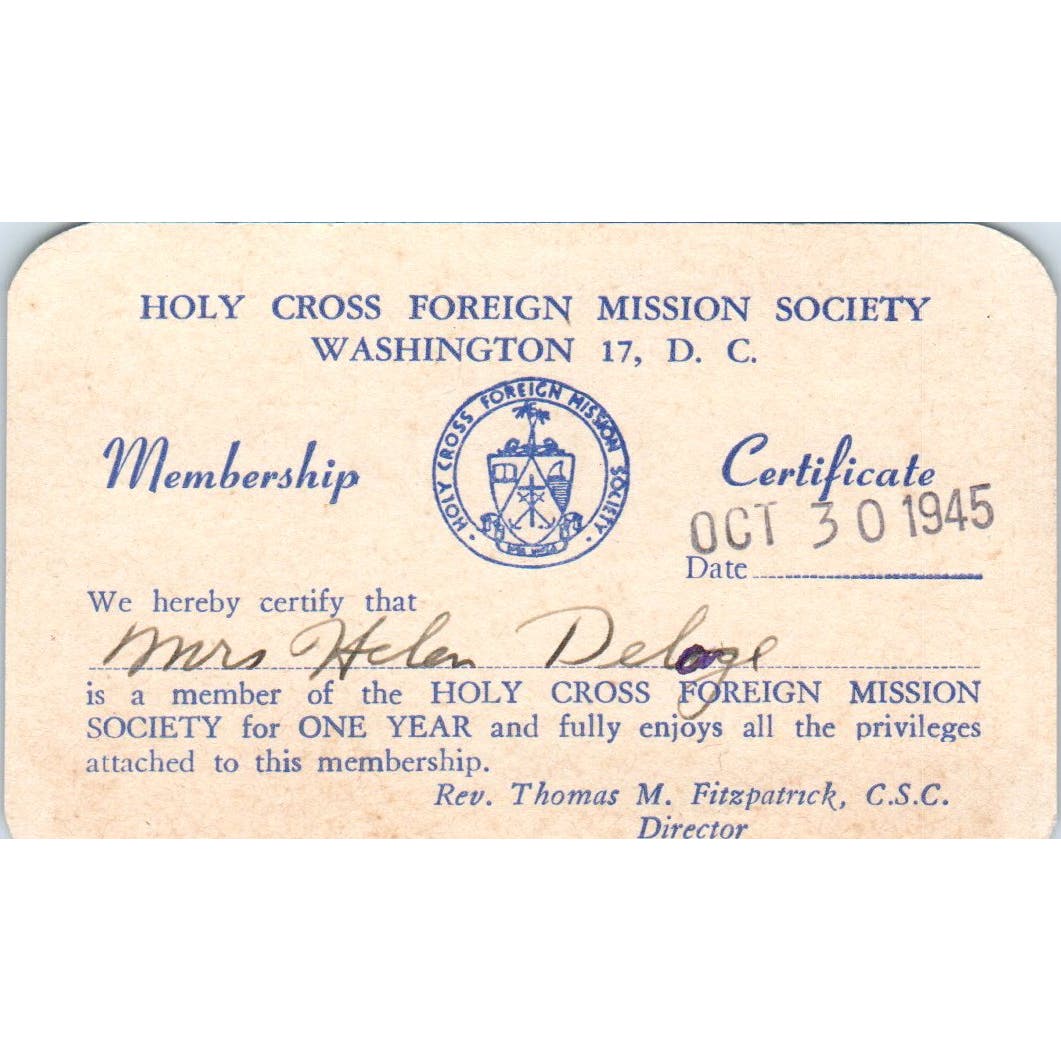 1945 Holy Cross Foreign Mission Society Washington DC Membership Card AE2