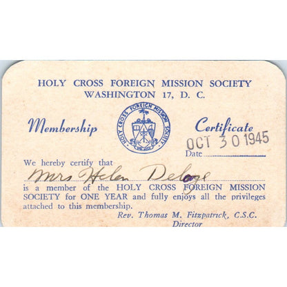 1945 Holy Cross Foreign Mission Society Washington DC Membership Card AE2