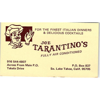 Joe Tarantino's Finest Italian Dinners So. Lake Tahoe CA Business Card SSB4-B13