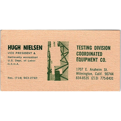 Testing Division Equipment Co. Hugh Nielsen Wilmington CA Business Card SB4-B4