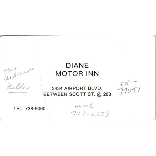 Diane Motor Inn 3434 Airport Blvd Houston TX Vintage Business Card SE3-B2