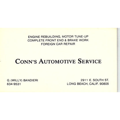 Conn's Auto Service G Willy Bandieri Long Beach CA Vintage Business Card SE3-B13