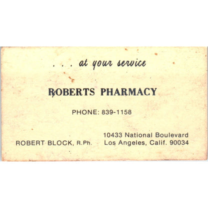 Roberts Pharmacy Robert Block Los Angeles CA Vintage Business Card SD8-B15
