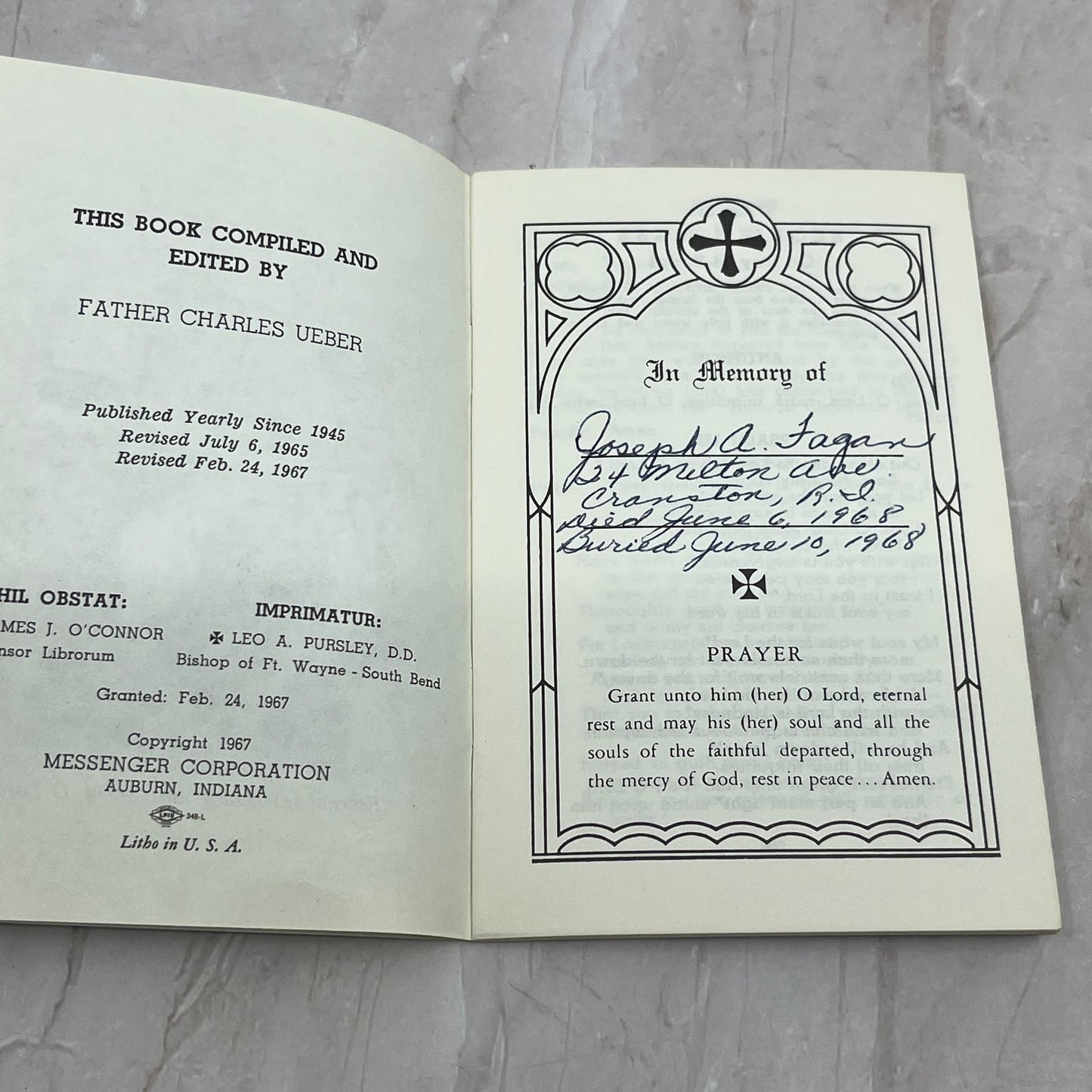 1968 Requiem Mass Booklet Joseph A. Fagan Ft. Wayne Indiana TG8-VW