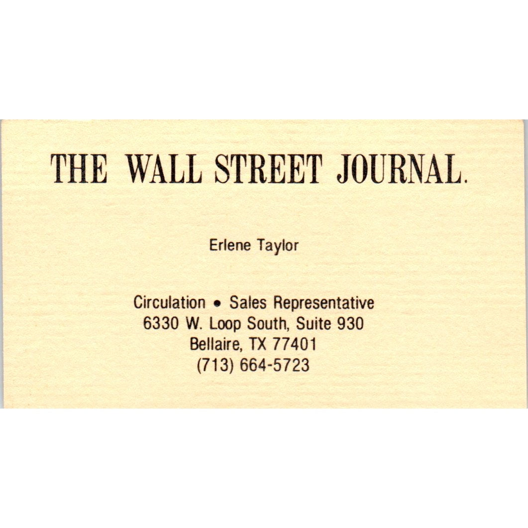 Erlene Taylor The Wall Street Journal Bellaire TX Vintage Business Card SD8-B20