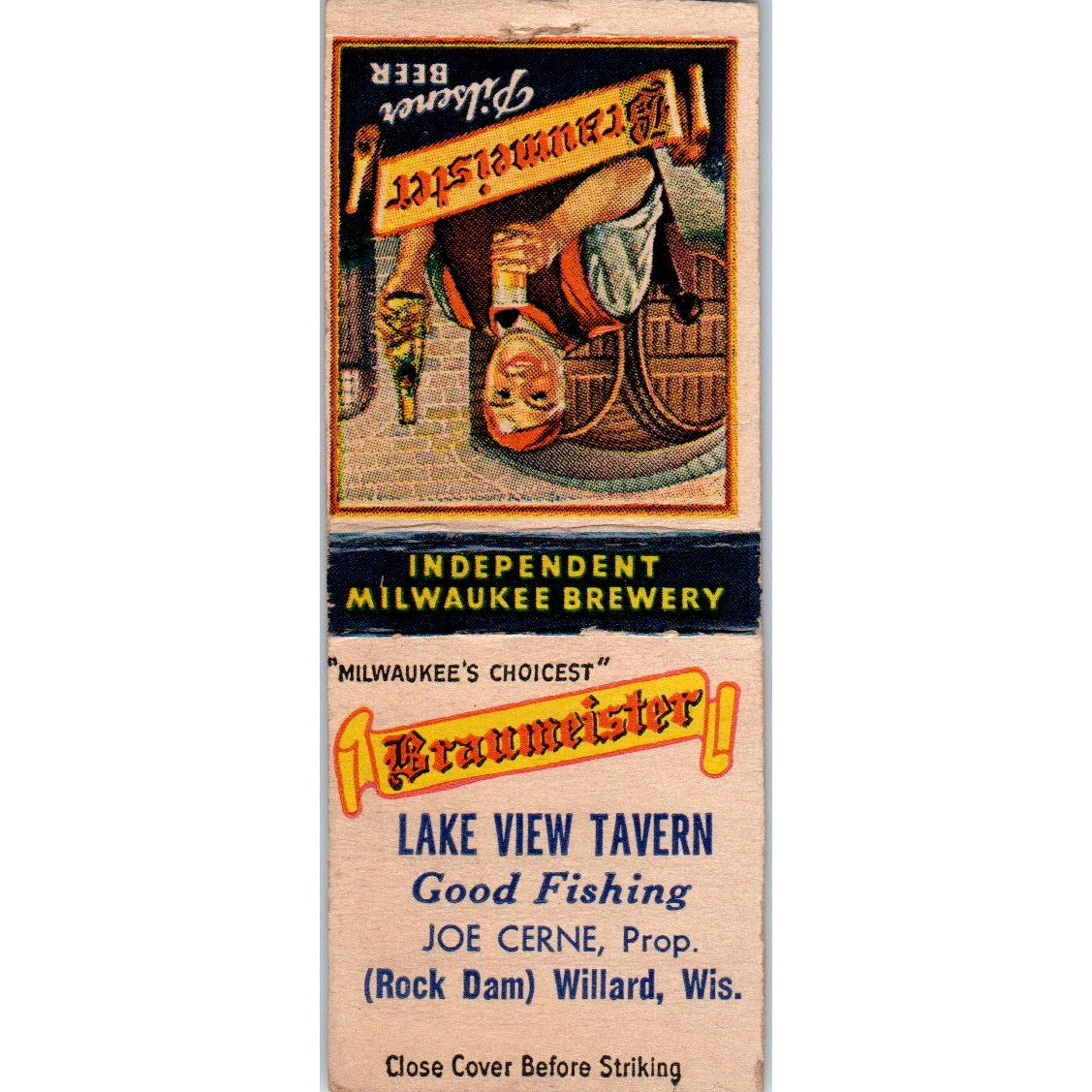 Lake View Tavern Joe Cerne Rock Dam Willard WI Vintage Matchbook Cover SD2-Y1