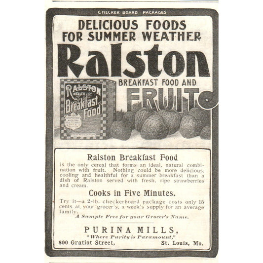Ralston Breakfast Food Purina Mills St. Louis c1905 Advertisement AE7-A2
