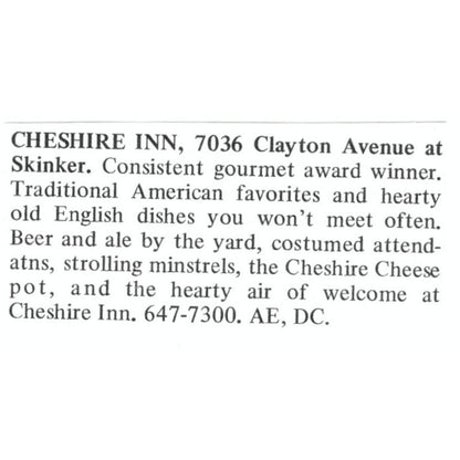 Cheshire Inn Clayton Ave St. Louis 1971 Magazine Ad AD8-O1
